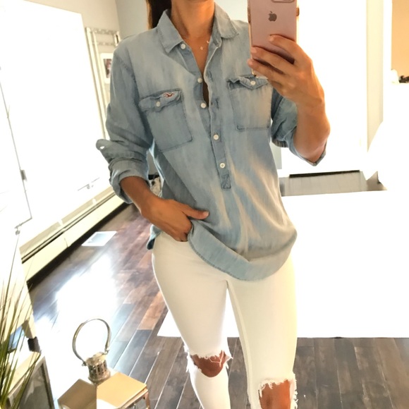 Hollister Tops - Hollister half button cotton denim tunic shirt SM